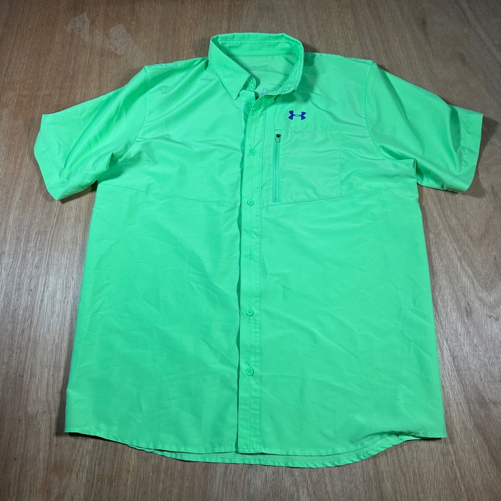 Under Armour Fishing Shirt Mens L Neon Green Short Sleeve Lightweight Button